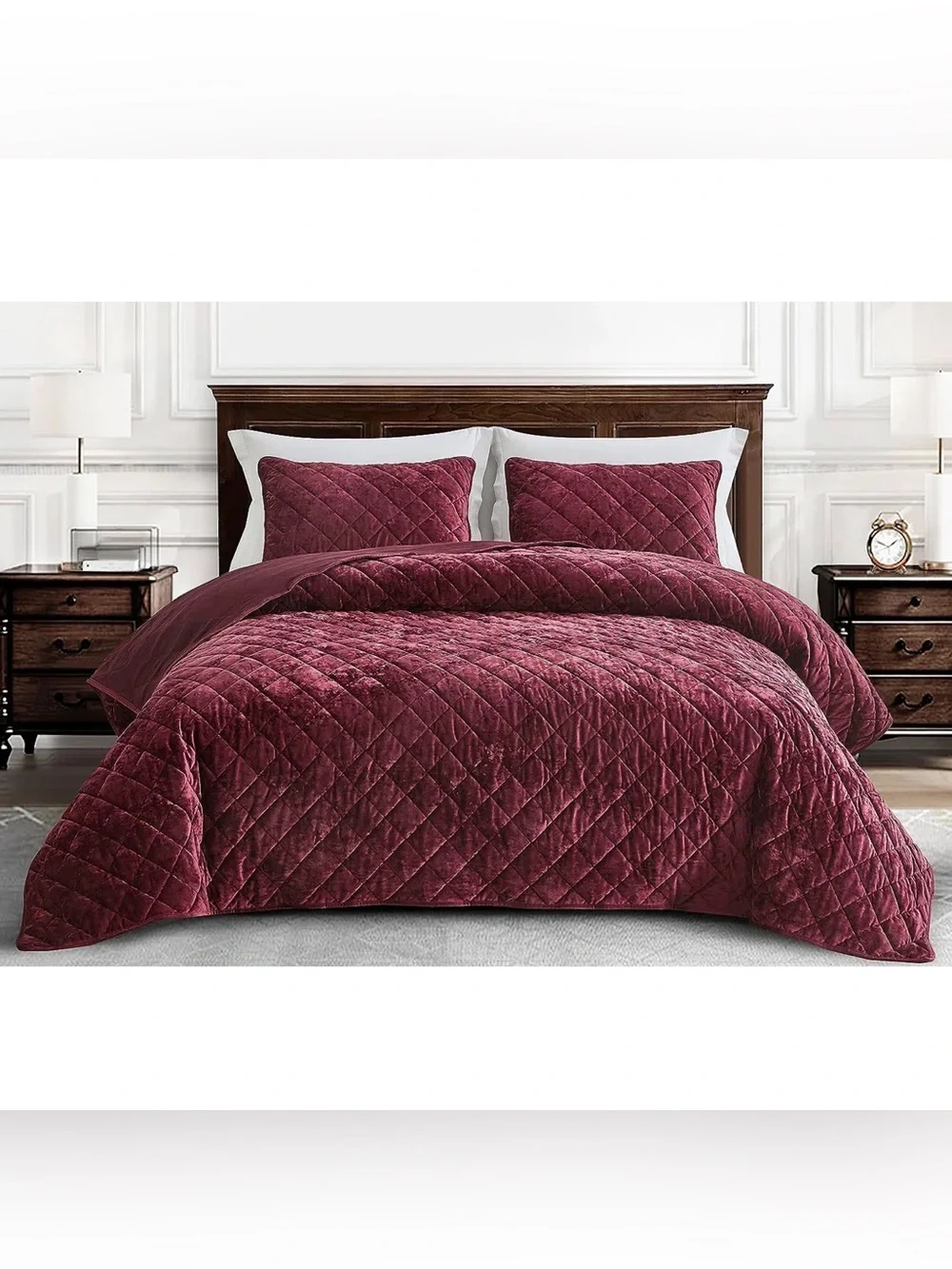 Plush Quilted Velvet king quilt 3 piece Set in Burgundy